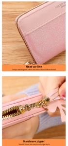 Close-up of pink glitter wallet detailing precision stitching and durable metal zipper
