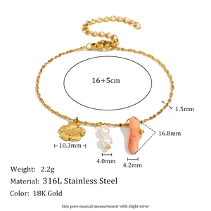 18K gold plated stainless steel bracelet with floral, pearl, and coral charms 16+5cm