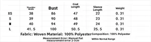 Size guide table for double-breasted blazer showing shoulder, chest, and length measurements