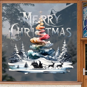 Artistic watercolor Christmas tree window sticker with Santa sleigh and festive text