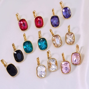Elegant 14K gold-plated stainless steel lever-back earrings with multi-color crystals