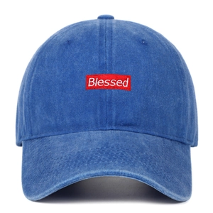 Detail of red box logo with white Blessed embroidery on washed blue baseball cap