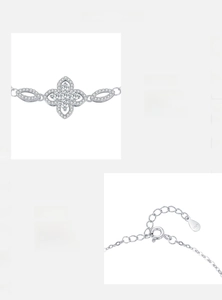Macro detail of S925 sterling silver flower bracelet featuring 5A zircon hand-set stones