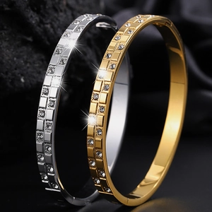 Titanium Steel Bangle Lattice Grid Zircon Inlaid Fashion Luxury Hinge Bracelet For Women Jewelry