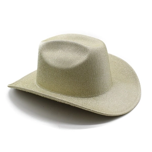 Macro shot of gold glitter cowboy hat with sparkling matte texture and curved brim detail