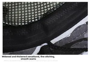 Close-up of camouflage hat featuring thickened sweatband and precise stitching details