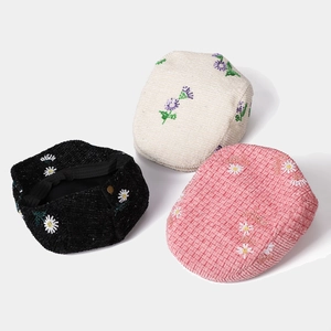 Daisy embroidered corduroy beret hats in black, cream, and pink for women