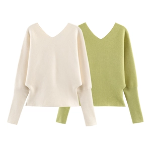 Women V Neck Knit Sweater Polyester Batwing Long Sleeve Ribbed Cuffs Casual Solid Color Pullover Top