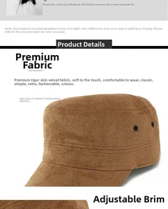 Close-up of premium brown suede flat top military hat with metal ventilation eyelets