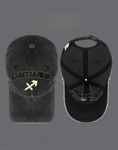 Detail view of washed cotton Sagittarius baseball cap with embroidery and metal buckle