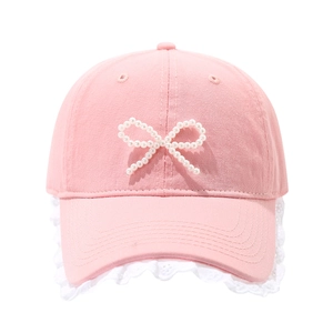 Pink fashion baseball cap with pearl bow decoration and white lace brim edge for women