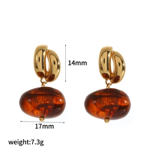 Polished gold stainless steel teardrop earrings with amber resin beads, 7.3g weight