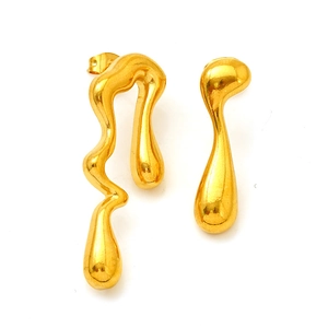 Asymmetric liquid molten gold stainless steel earrings with long wavy and drop designs