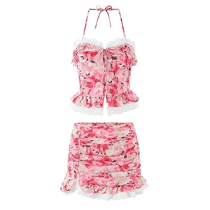 Halter Neck Crop Top And Ruched Mini Skirt Floral Print Lace Trim Sweet Vintage Style Women Summer Outfits