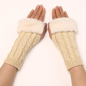 Detailed cable knit pattern on beige fingerless gloves with soft faux fur trim cuffs