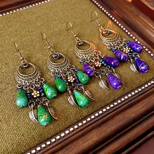Bohemian Vintage Hook Earrings Alloy Hollow Flower Leaf Dangle Water Drop Resin Bead Steel Earring Post Retro Ethnic