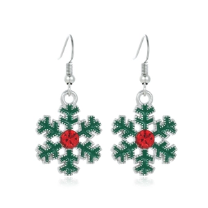 Green enamel snowflake earrings with red rhinestone center and silver hooks