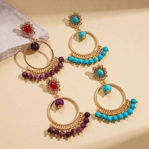 Bohemian hollow round fringe earrings with rhinestones and turquoise stones in gold plating