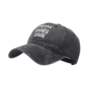 Washed black vintage baseball cap featuring white religious quote embroidery in retro style