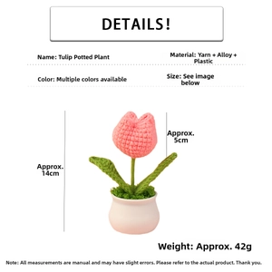 Detail specifications of handmade crochet tulip flower pot showing dimensions and materials