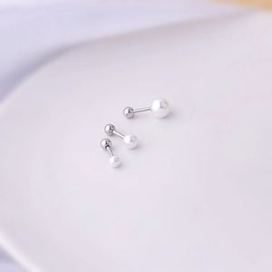 Three-piece set of silver titanium steel pearl barbell earrings in varying sizes