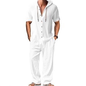 Men's white cotton linen casual set with short sleeve hooded shirt and long loose trousers