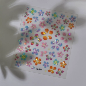 Laser holographic floral nail stickers with colorful 3D embossed flower patterns
