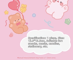 Detail of pink cartoon resealable bag with bear prints and 13.5x13.5cm size info