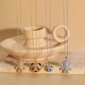 Cute Bear Panda Pendant Necklace Copper Cubic Zirconia Artificial Pearl Animal Hollow Micro Inset Fashion Jewelry For Women