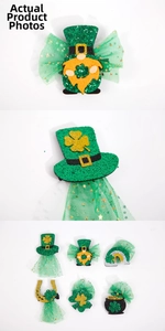 Detail view of 6 St. Patrick's Day hair clips featuring shamrock and leprechaun motifs
