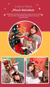 Close-up of realistic plush reindeer doll with festive saddle for Christmas decor