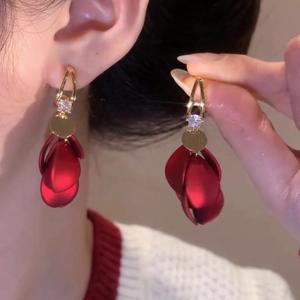 Elegant red petal tassel earrings with zircon studs and golden teardrop hooks