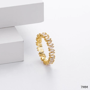 Detailed close-up of 7MM wide golden ring with rectangular pave-set zircon stones