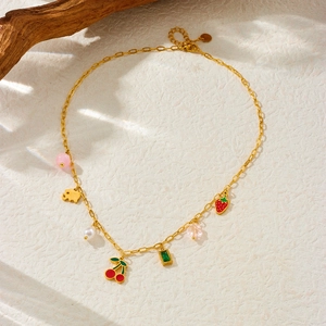 Gold stainless steel necklace with cherry, strawberry, elephant and pearl charms