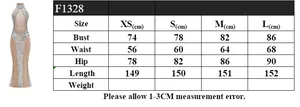 Detailed size chart for rhinestone chain sleeveless slim fit evening gown in sizes XS to L
