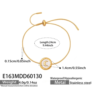 Detailed view of adjustable stainless steel drawstring bracelet with shell crescent pendant