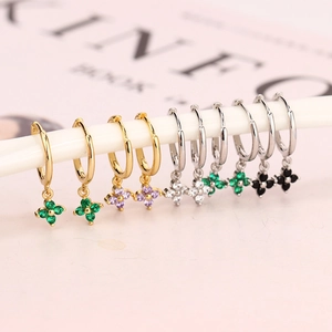 Geometric floral hoop earrings with colorful zircon stones in gold and silver plating