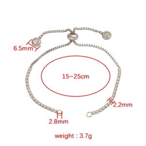 Adjustable stainless steel bolo bracelet with rhinestone details and precise measurements