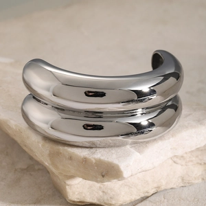 Minimalist double-layered wide stainless steel cuff bracelet in polished silver finish