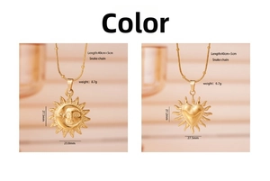 Close-up of 18K gold-plated stainless steel sun and heart pendant necklaces with snake chains