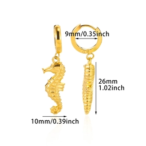 Dimensions détaillées des boucles d'oreilles hippocampe en acier doré 18 carats