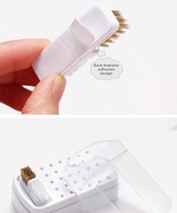 Dual-purpose nail drill bit cleaning brush set with adhesive backing and dust cover