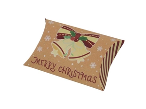 Brown kraft paper Christmas pillow box with festive bells, snowflakes and Merry Christmas text