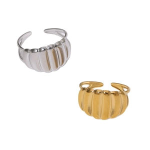 Minimalist 18k gold and silver ribbed croissant open rings with polished texture