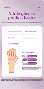 Size chart for long disposable nitrile gloves showing width and length measurements
