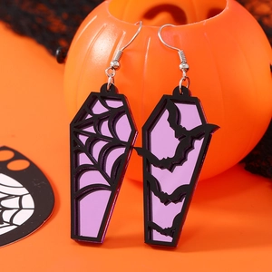Halloween coffin earrings with purple spider web and bat designs on acrylic base
