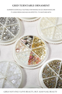 Detailed view of 6-grid nail art decoration wheel with pearls and rhinestones