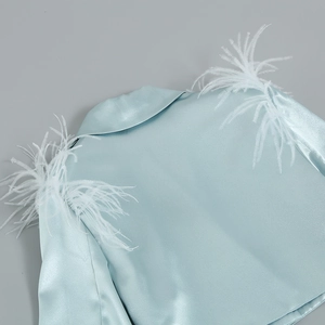 Détail du haut en satin bleu clair avec d'élégantes franges en plumes blanches aux épaules