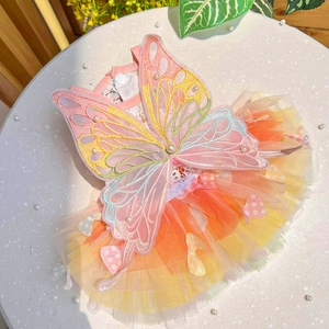Detail of floral embroidery and pearls on a colorful pet princess tutu dress