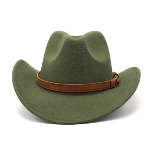 Olive green wool felt Western cowboy hat with brown leather band and metallic buckle